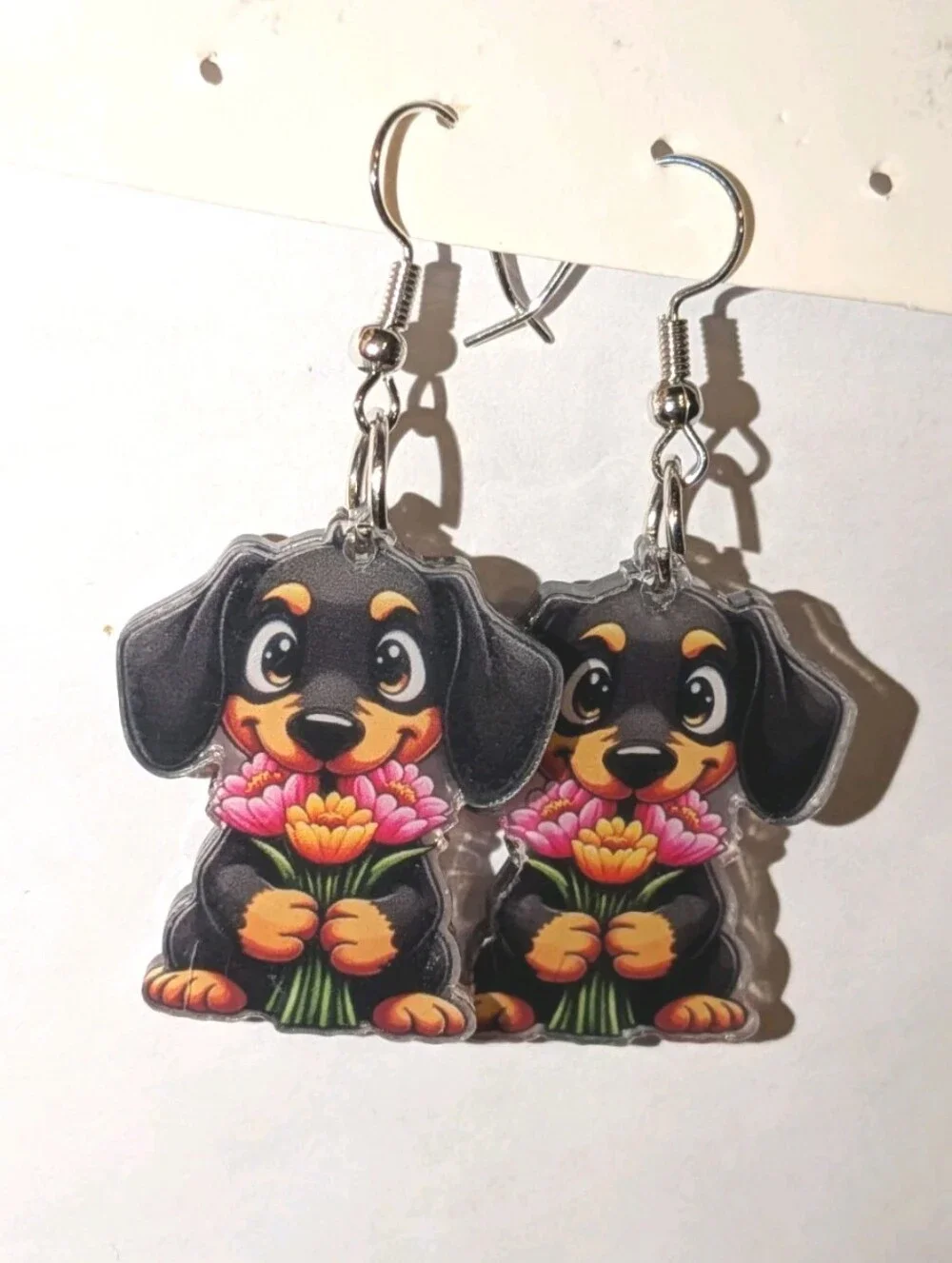 Hand Crafted Women's/Girls Cute Black Dachshund Earrings with Pink Flowers
